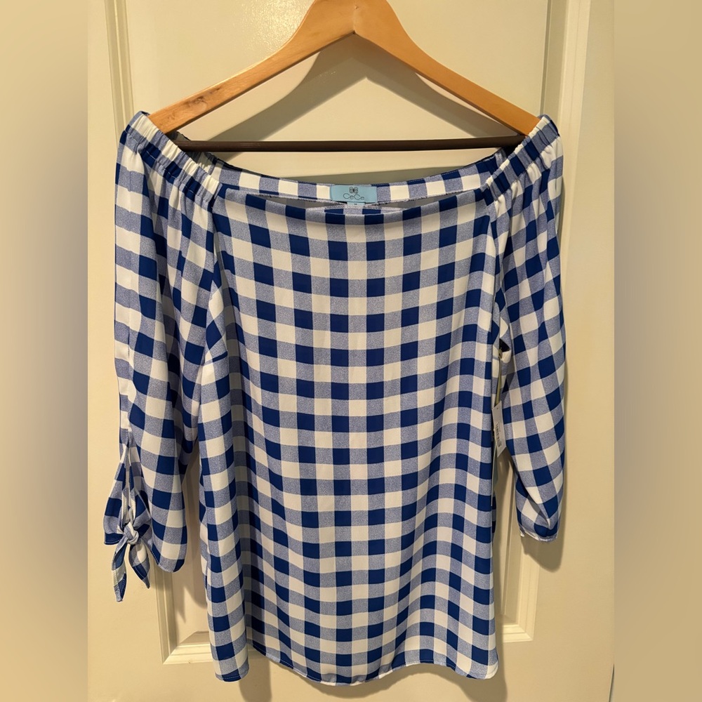 CeCe Blue White Gingham Tie Sleeve Blouse Medium NWT Macy’s